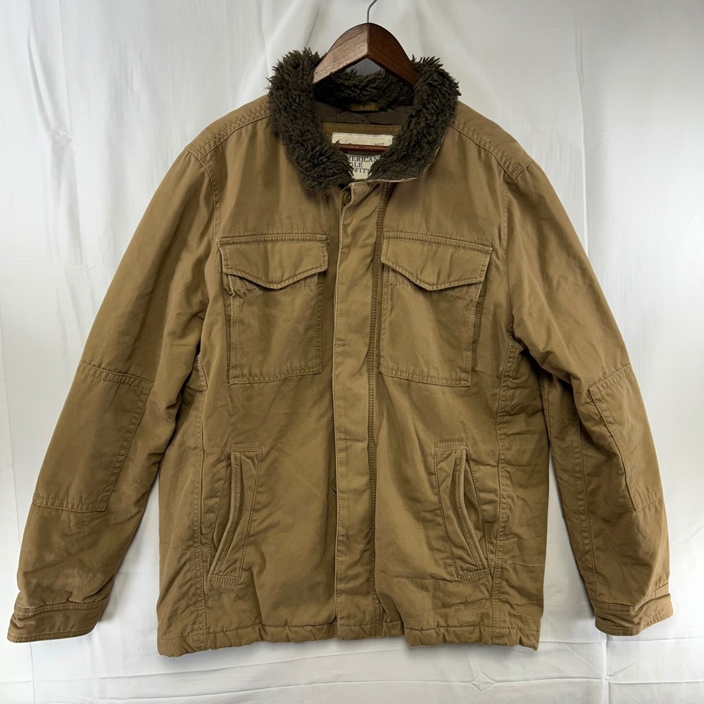 American Eagle Field Jacket Mens Large Brown Faux Fur Collar Quilted Lining